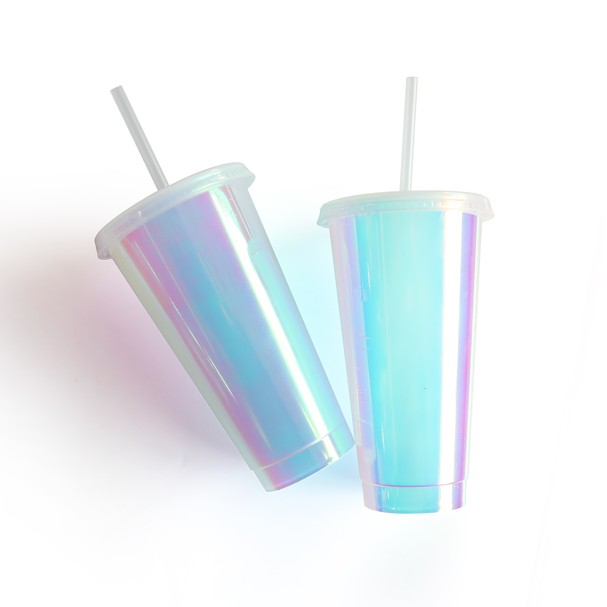 Wholesale holographic hologram cup reusable 24oz plastic tumbler cold cup with lids and straw