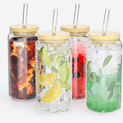 Clear water cold boba coffee drinking frosted beer can cup glass tumbler with bamboo lid and straw