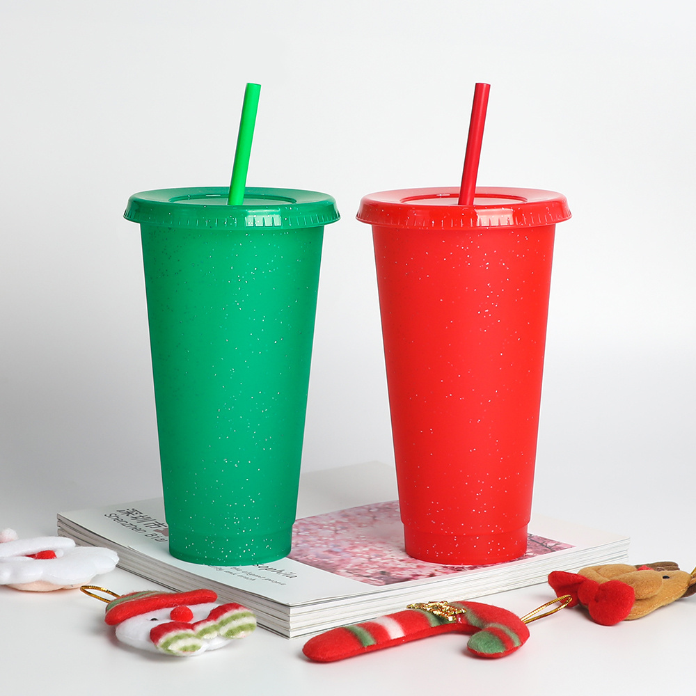 Wholesale bulk 24oz coffee cold color changing plastic cups christmas mugs with lids and straws