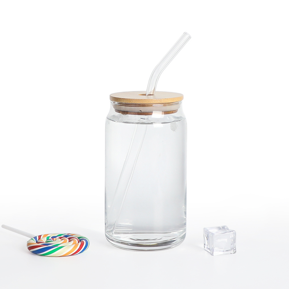 Clear water cold boba coffee drinking frosted beer can cup glass tumbler with bamboo lid and straw