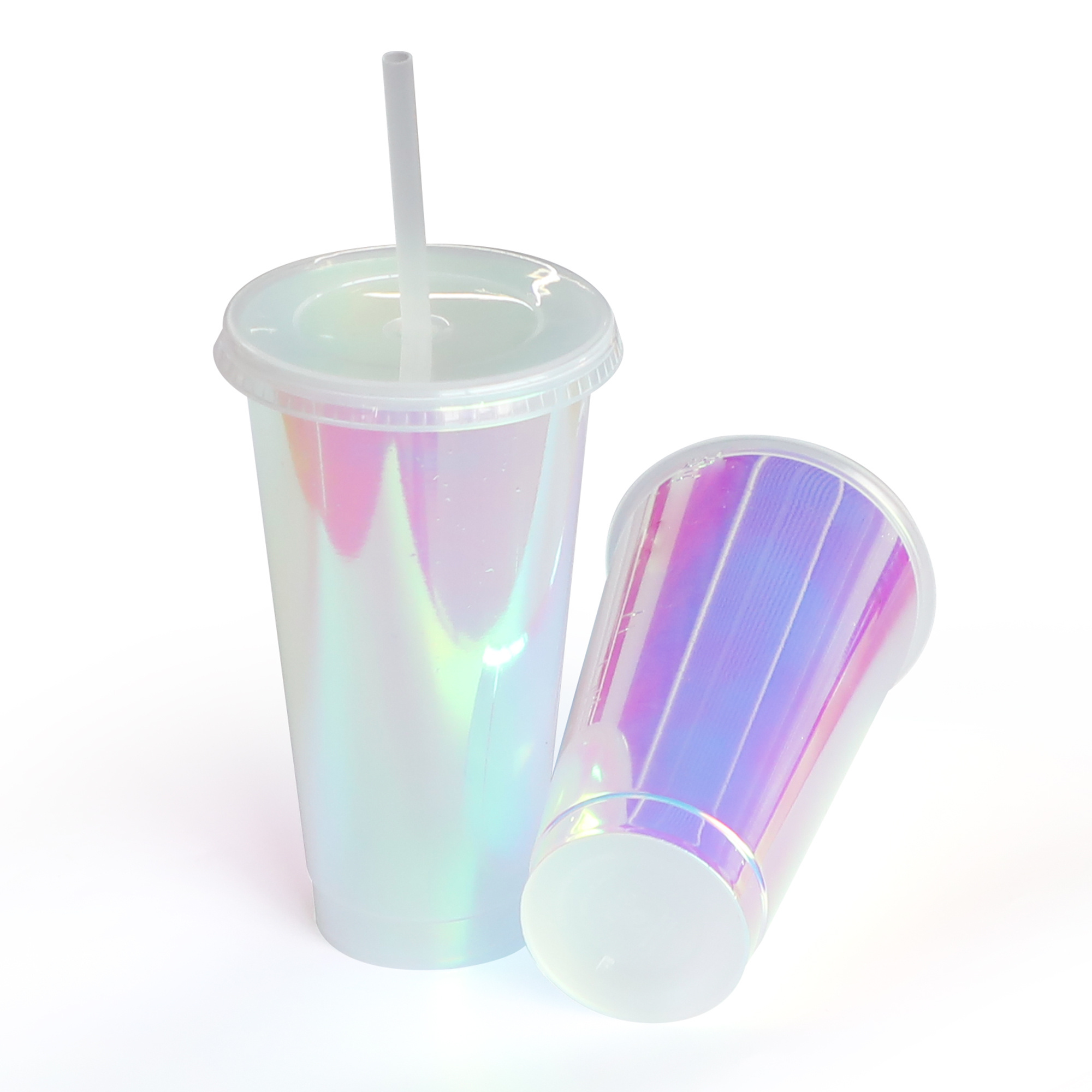 Wholesale holographic hologram cup reusable 24oz plastic tumbler cold cup with lids and straw