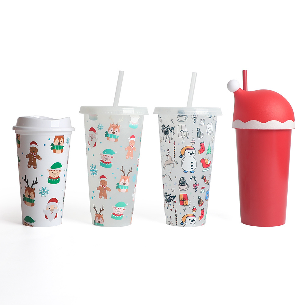 Wholesale bulk 24oz coffee cold color changing plastic cups christmas mugs with lids and straws