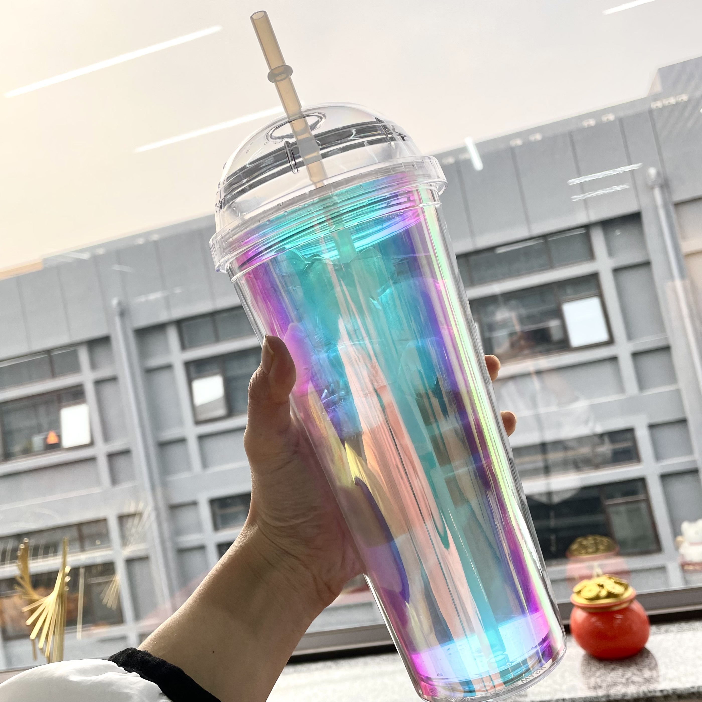 Double Wall aquaflask tumbler Plastic Rainbow Gradient Low MOQ 20 oz boba bubble tea Food grade milk Straw cup