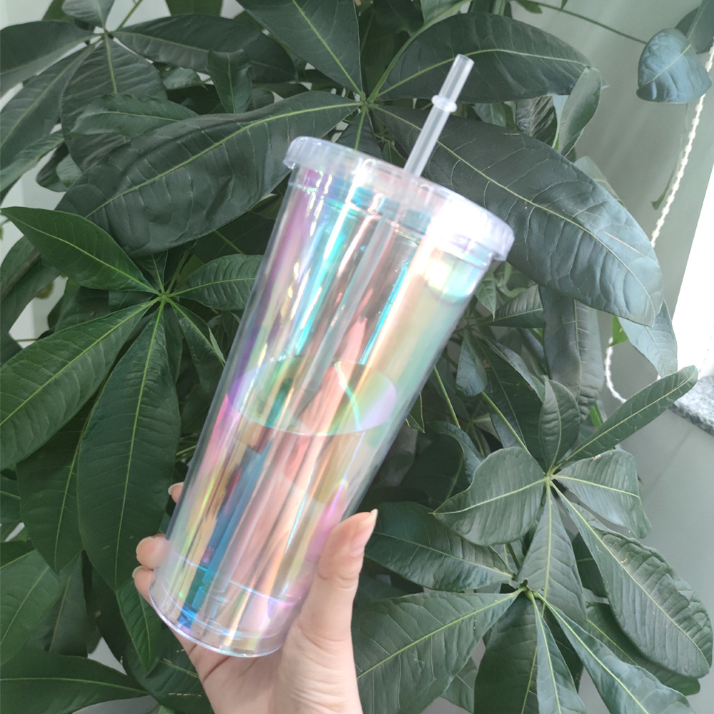 Double Wall aquaflask tumbler Plastic Rainbow Gradient Low MOQ 20 oz boba bubble tea Food grade milk Straw cup