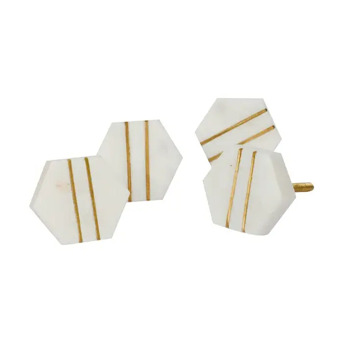 Modern Handcrafted Hexagon White Marble Stone & Brass Door/ Cabinet/Door Knobs 1Pc by MUGHALCRAFTS