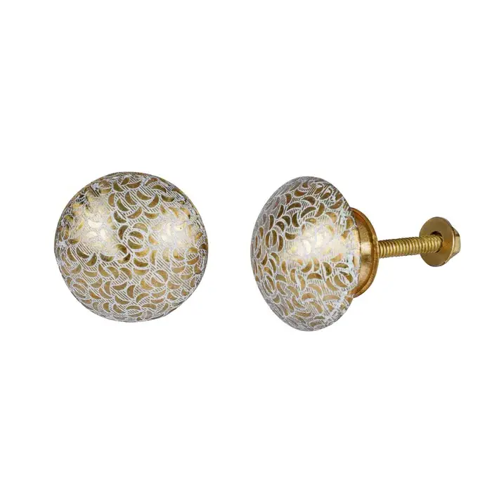 Moroccan Inspired White & Gold Patterned Brass Knob 1Pc by MUGHALCRAFTS