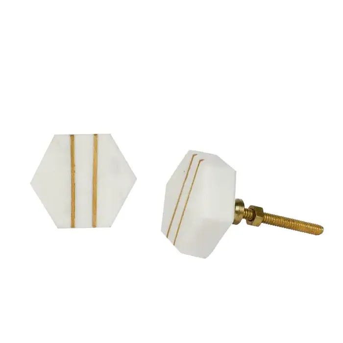 Modern Handcrafted Hexagon White Marble Stone & Brass Door/ Cabinet/Door Knobs 1Pc by MUGHALCRAFTS