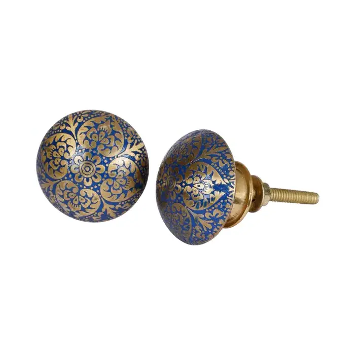 Golden Brass Knob With Etched Green & Blue Filled Brass Heart Design 1PC by MUGHALCRAFTS