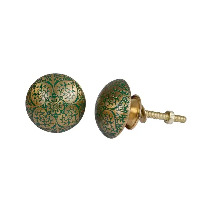 Golden Brass Knob With Etched Green & Blue Filled Brass Heart Design 1PC by MUGHALCRAFTS