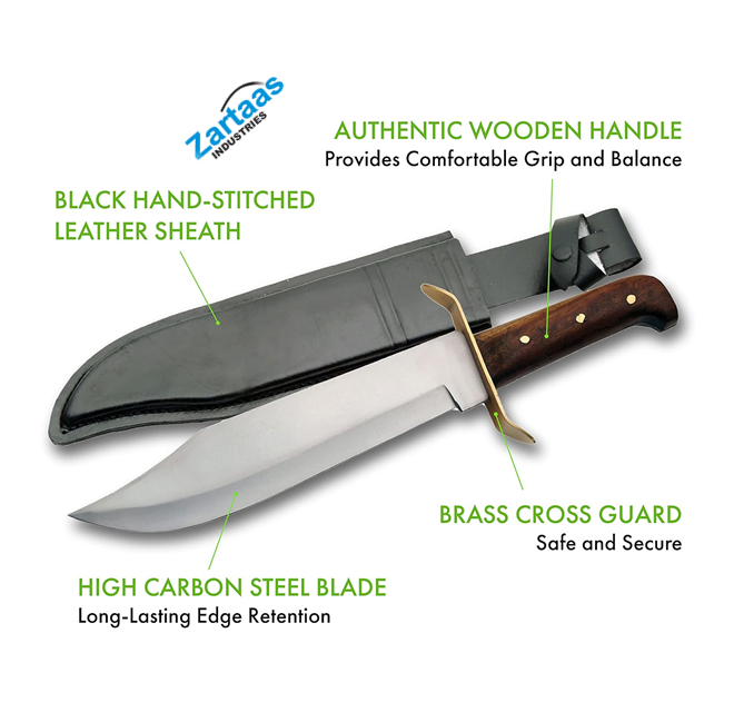 Custom High Quality Classic Wood Handle Carbon Steel Bowie Blade Outdoor Survival Knife on wholesale made in Pakistan