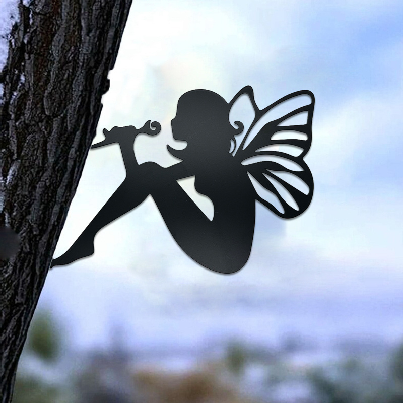 Charming Outdoor Metal Art Butterfly Fairy Silhouette on Tree Branch Sculpture