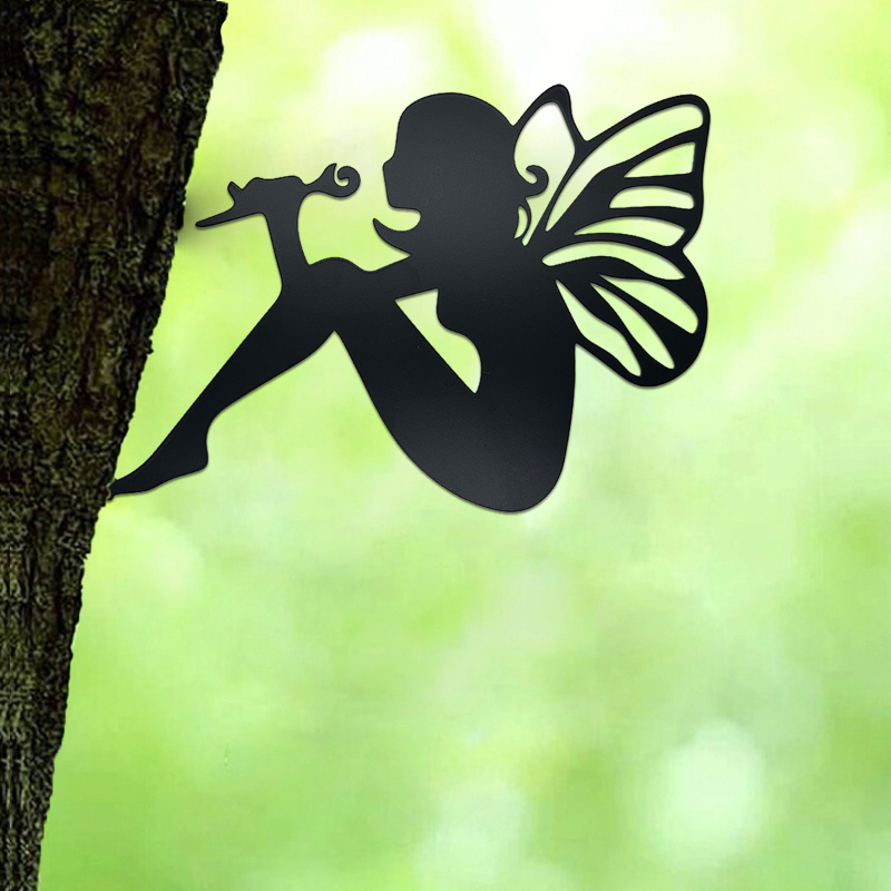 1 pc Butterfly Fairy's silhouette on a tree branch, steel wall art, metal sculpture pile decoration, outdoor garden, courtyard