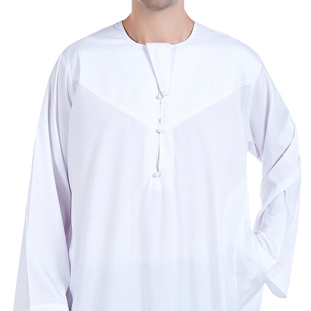 New Arrival Hot Selling Islamic Man Thobes White Cotton Blend Muslim Men Thobe Front Button Neck Long Al Daffah Robe M0046