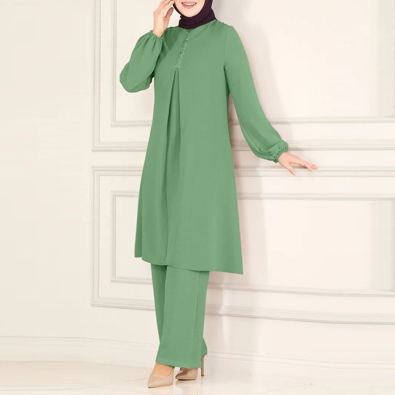 Muslim Modest Women Spring Elegant Two Pieces Clothes Set Turkish Long Sleeves Crepe Shirt Blouse Wide Leg Pants Suit S202