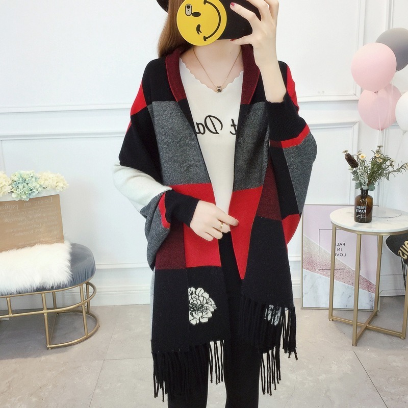 W0018 Autumn winter floral plaid cape knitwear with batwing sleeves other ethnic scarves shawls women's coat Arabic shawl