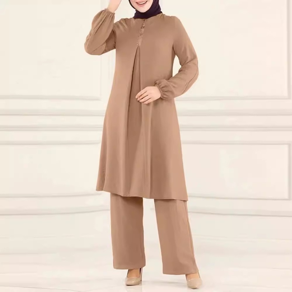 Muslim Modest Women Spring Elegant Two Pieces Clothes Set Turkish Long Sleeves Crepe Shirt Blouse Wide Leg Pants Suit S202