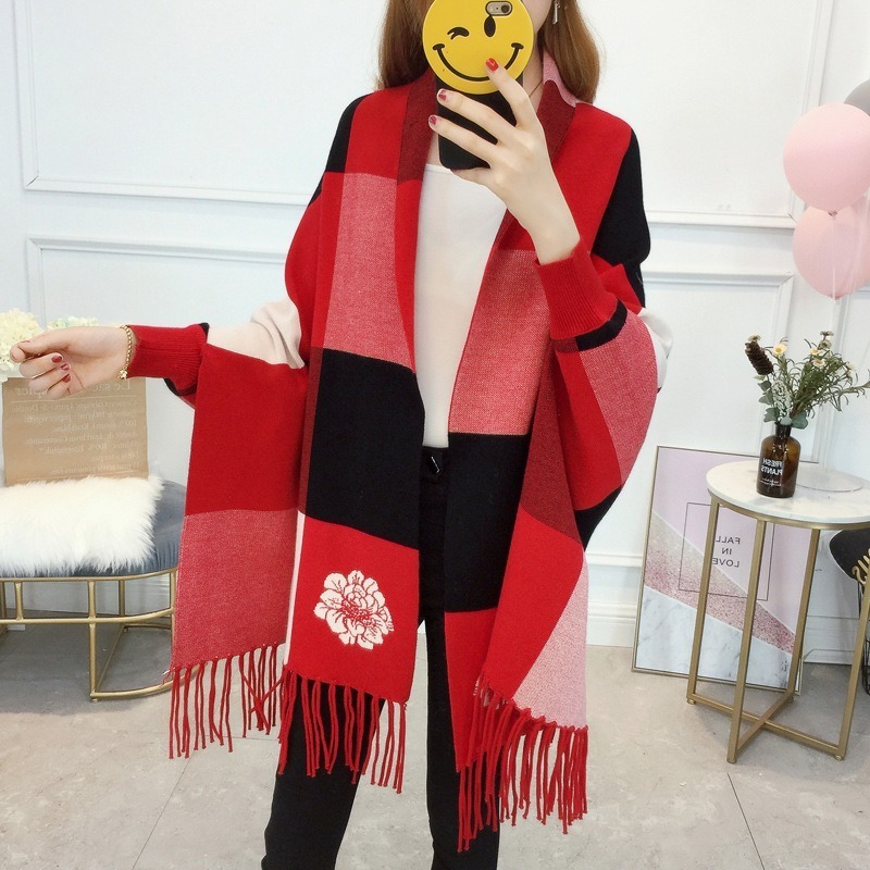 W0018 Autumn winter floral plaid cape knitwear with batwing sleeves other ethnic scarves shawls women's coat Arabic shawl