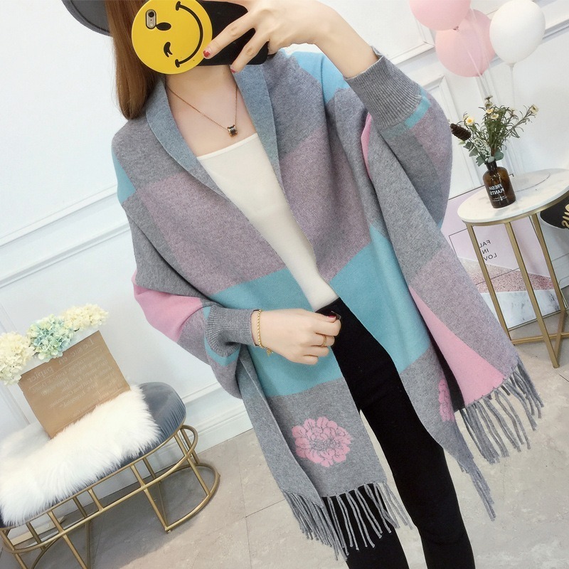 W0018 Autumn winter floral plaid cape knitwear with batwing sleeves other ethnic scarves shawls women's coat Arabic shawl