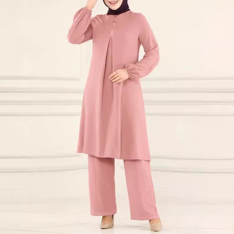 Muslim Modest Women Spring Elegant Two Pieces Clothes Set Turkish Long Sleeves Crepe Shirt Blouse Wide Leg Pants Suit S202