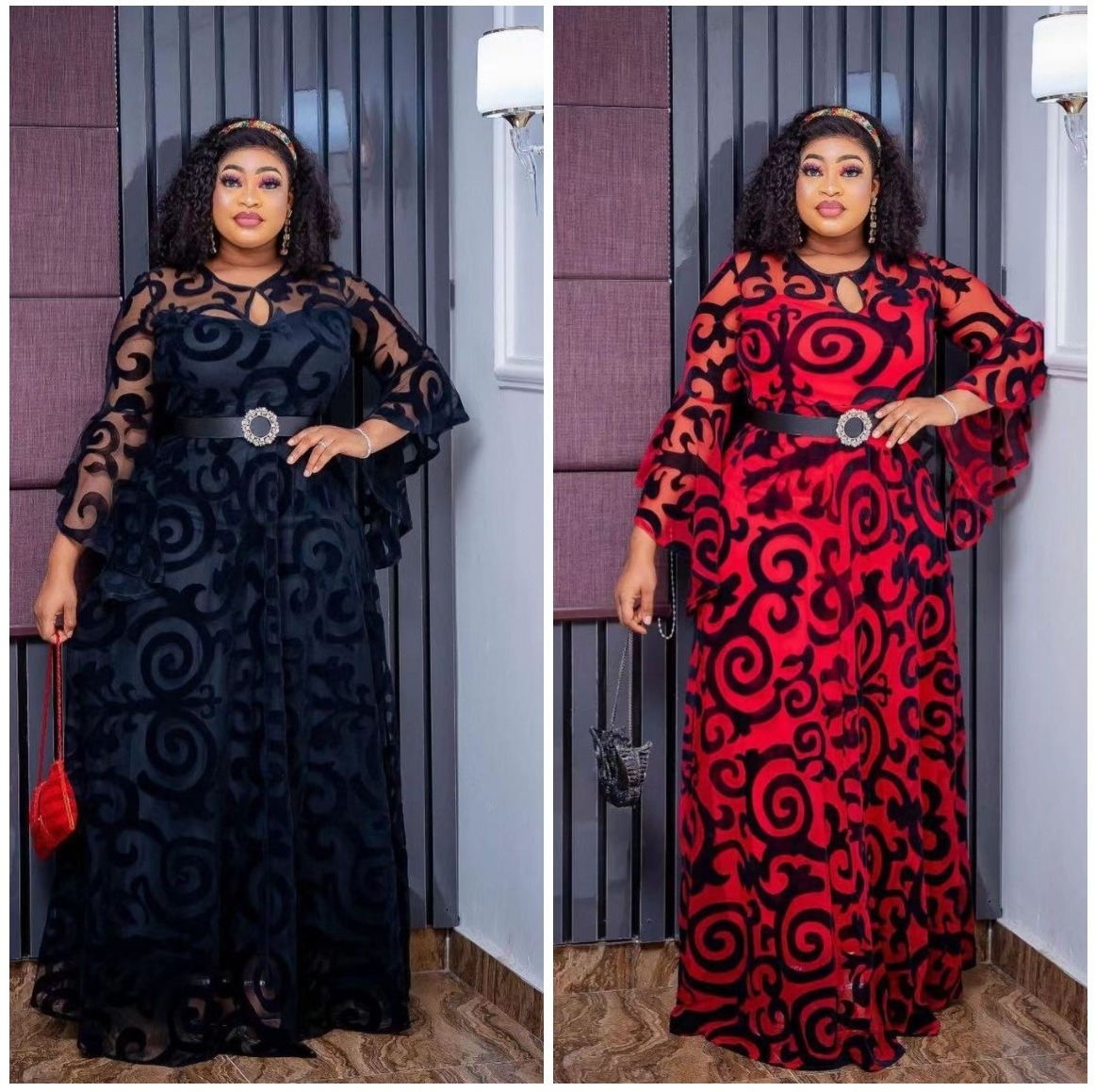 K0043 African lace floral double layer dresses fashion plus size  with belt long sleeves maxi dress robe femme