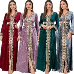 SA0031 Muslim Embroidery V Neck Moroccan Jalabiya Long Sleeves Dress High Quality Women Velvet Abayas 2023 Robe Femme