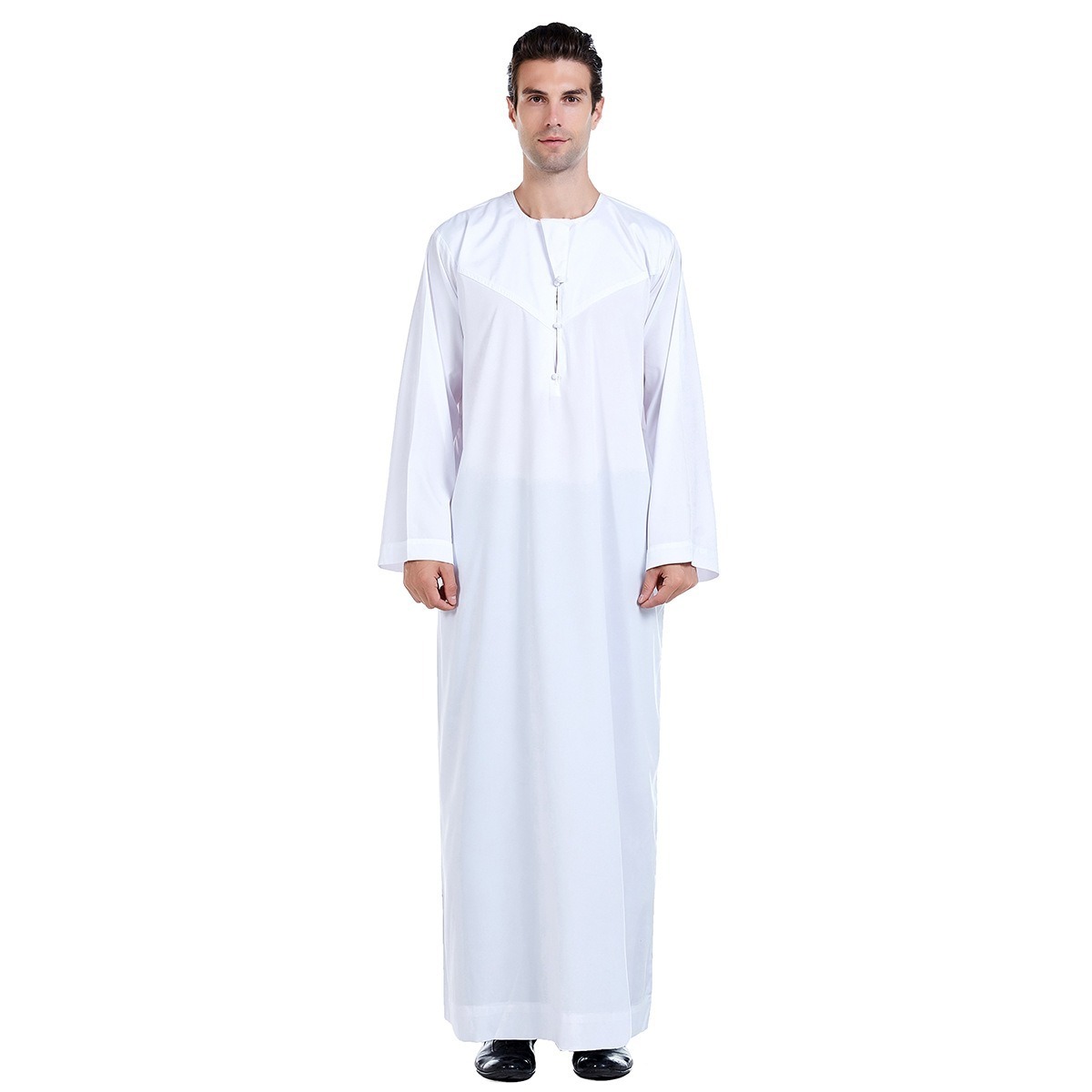 New Arrival Hot Selling Islamic Man Thobes White Cotton Blend Muslim Men Thobe Front Button Neck Long Al Daffah Robe M0046