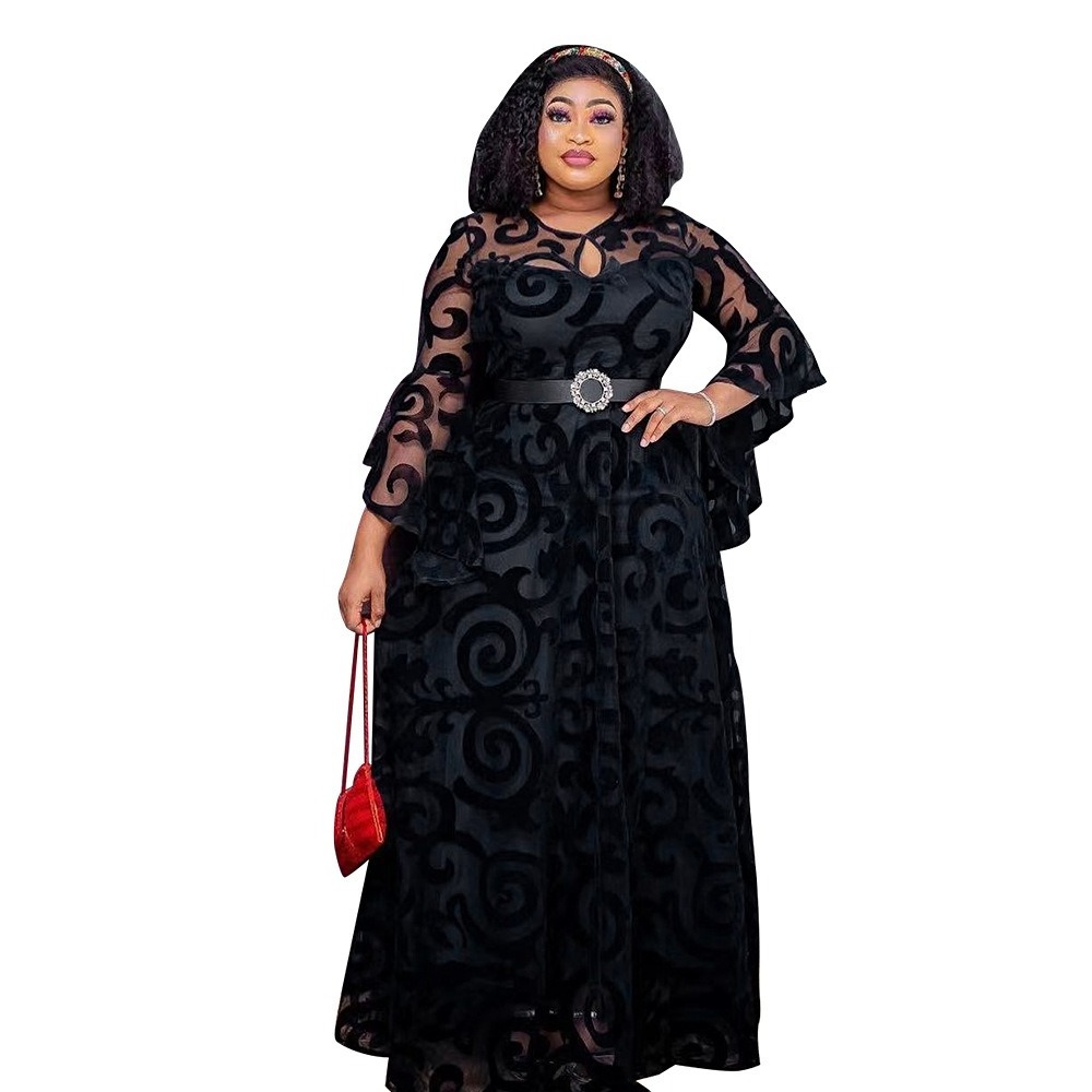 K0043 African lace floral double layer dresses fashion plus size  with belt long sleeves maxi dress robe femme