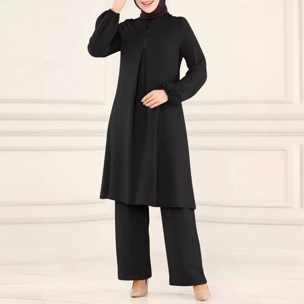 Muslim Modest Women Spring Elegant Two Pieces Clothes Set Turkish Long Sleeves Crepe Shirt Blouse Wide Leg Pants Suit S202