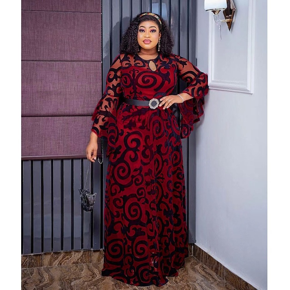 K0043 African lace floral double layer dresses fashion plus size  with belt long sleeves maxi dress robe femme