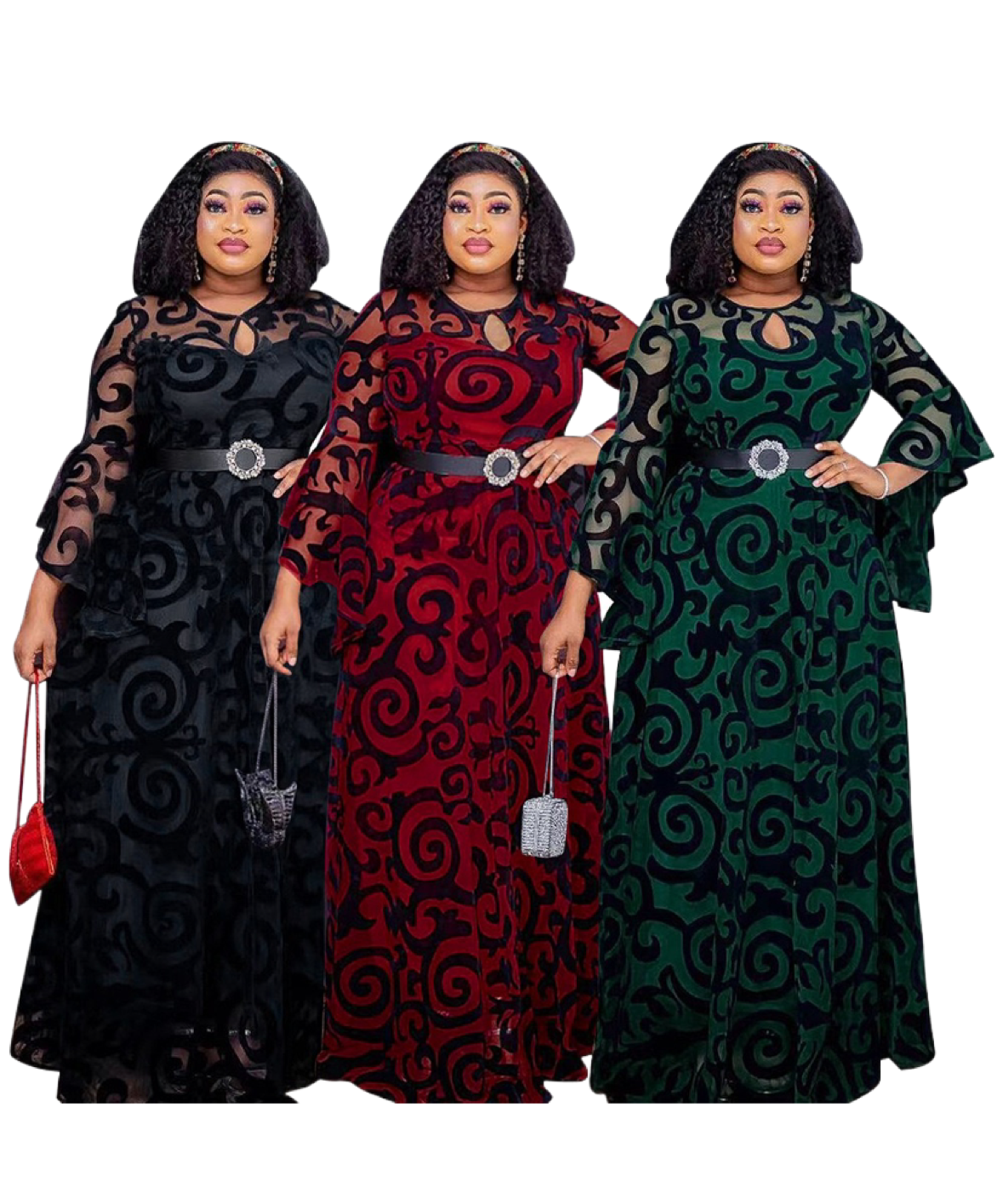 K0043 African lace floral double layer dresses fashion plus size  with belt long sleeves maxi dress robe femme