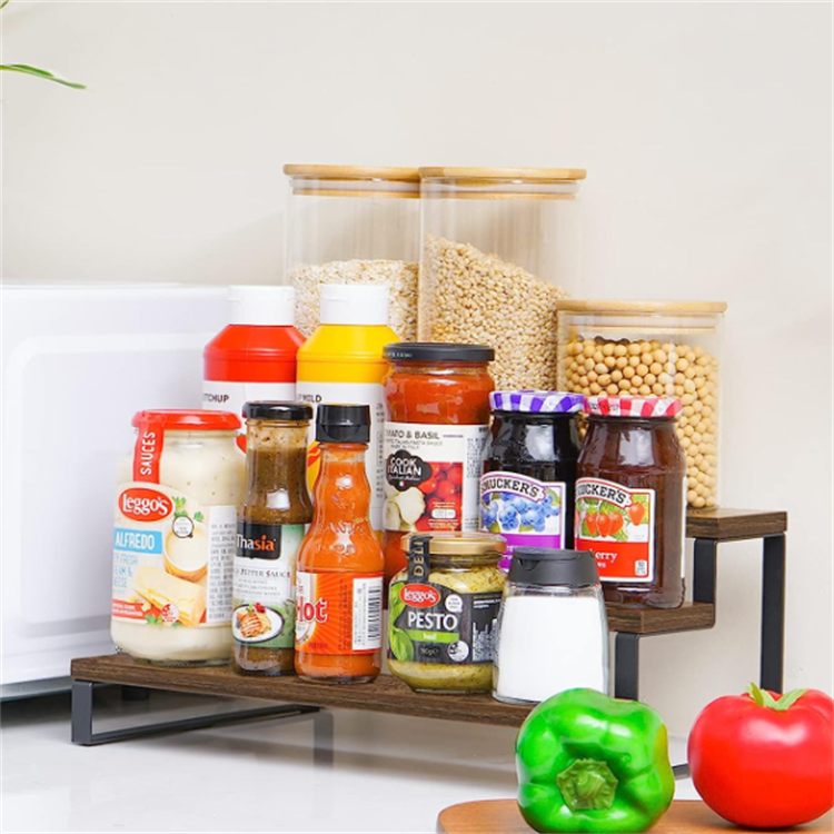 New Style Metal Frame Design Wood Saving Storage Rack Kitchen Storage Spice Rack For Cabinet Step Shelf