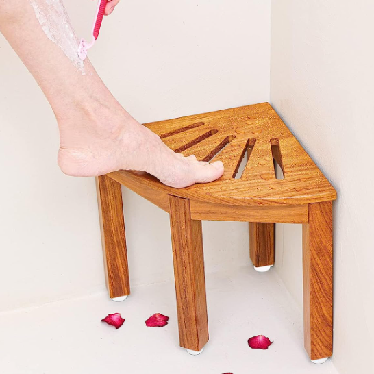 Space Saving Solid Wood Waterproof Corner Shower Bench Stool Teak Shower Stool