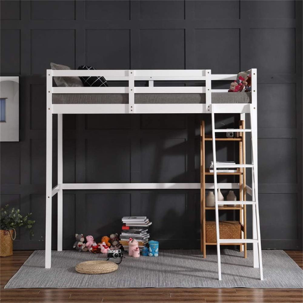 White Wood Sturdy Loft Bed Twin Size High Quality Amazon Hot Sale Bed Kids Boys with Full-Length Guardrail And Ladder