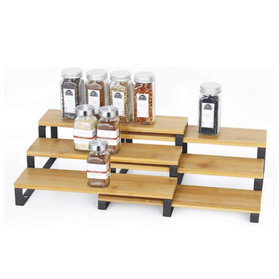 Metal Frame Space Saving Expandable 3 Tier Corner Shelf Bamboo Spice Rack Organizer