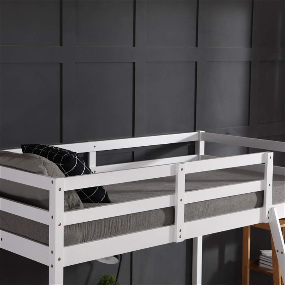 White Wood Sturdy Loft Bed Twin Size High Quality Amazon Hot Sale Bed Kids Boys with Full-Length Guardrail And Ladder