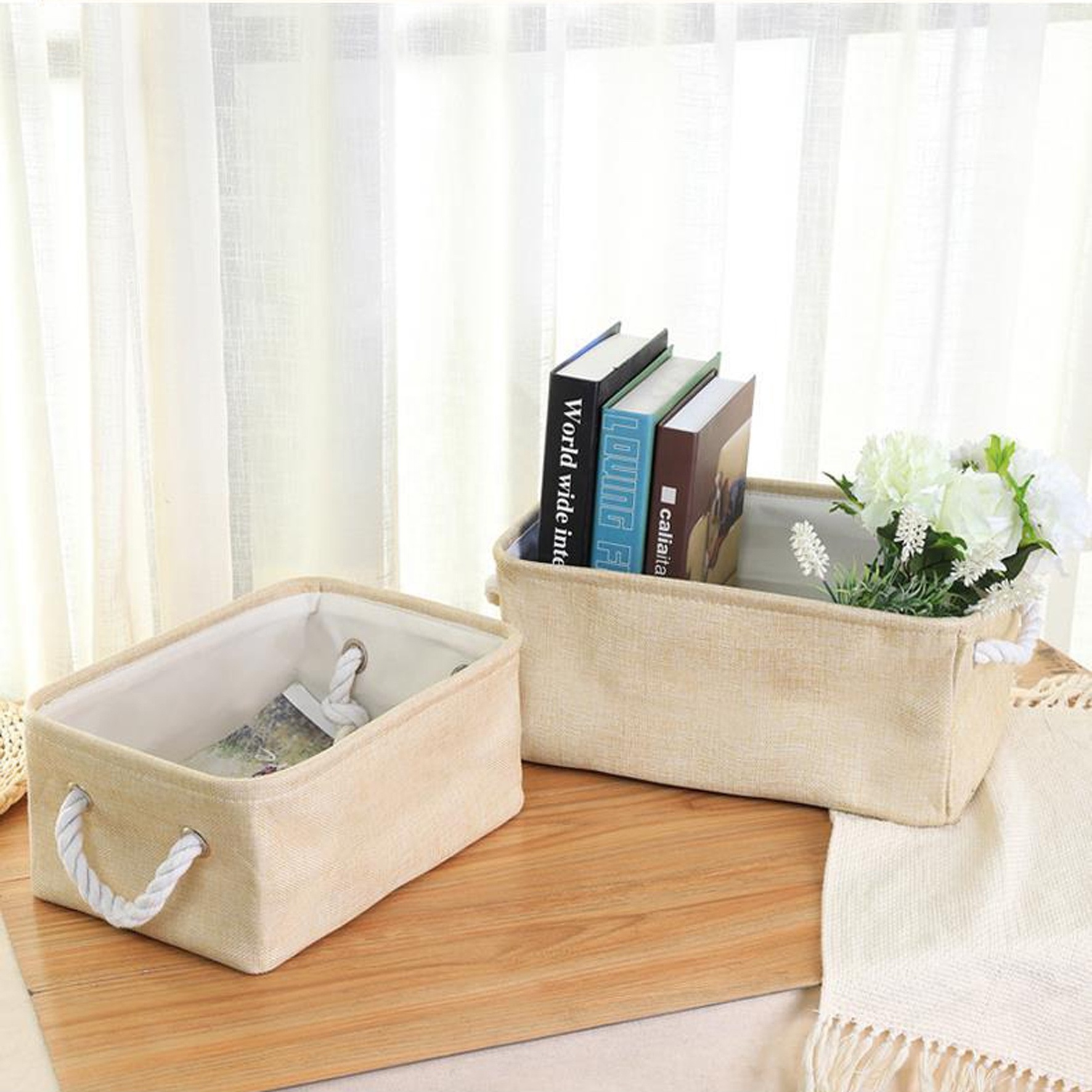 House Fabric Storage Bins Cubes Baskets Containers with Dual Plastic Handles for Home Closet Bedroom Drawers Organizers