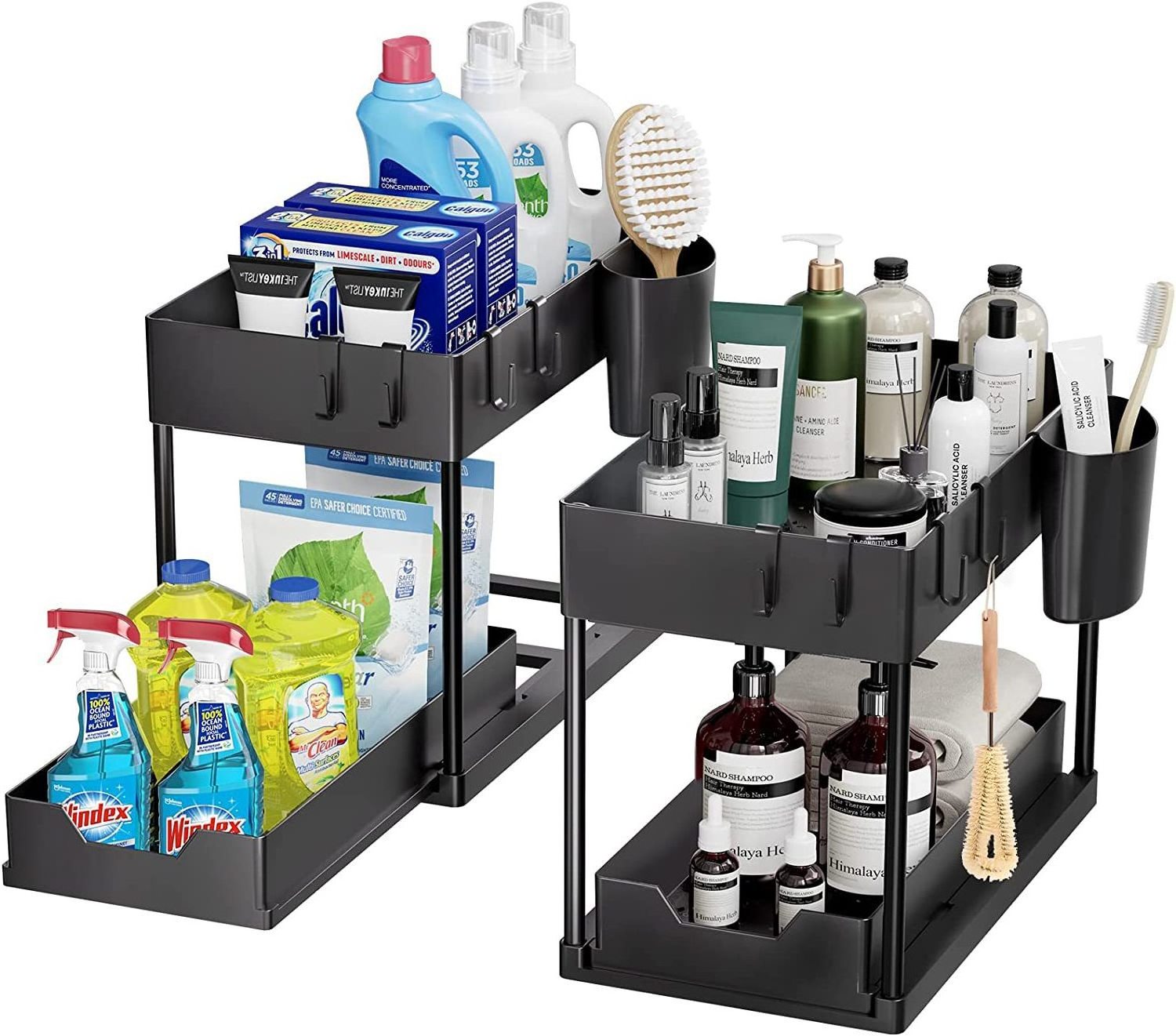 Multi function 2 tier Storage Holder Kitchen Under Sink Plastic Storage Rack Cabinet Organizer with Hooks Hanging Cup for bath