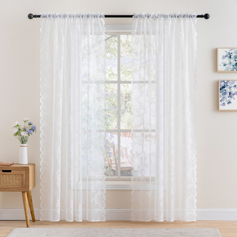 Grommet Top Woven Lace Curtain Draping Ivory Sheer Curtain Voile Chiffon Drape Panel Wedding Side Wavy White Lace Window Curtain