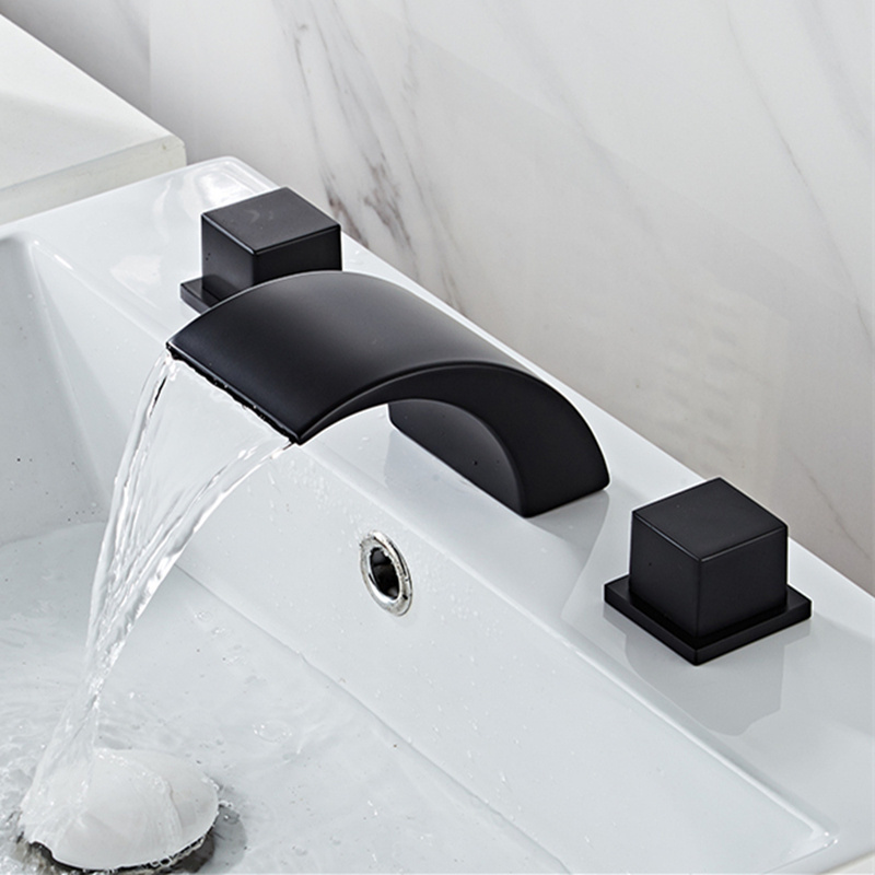 Black Bathroom Sink Faucet 3 Hole Basin Waterfall Faucet Hot And Cold Water Bathtub Split Washbasin Mixer Taps Three Piece Set