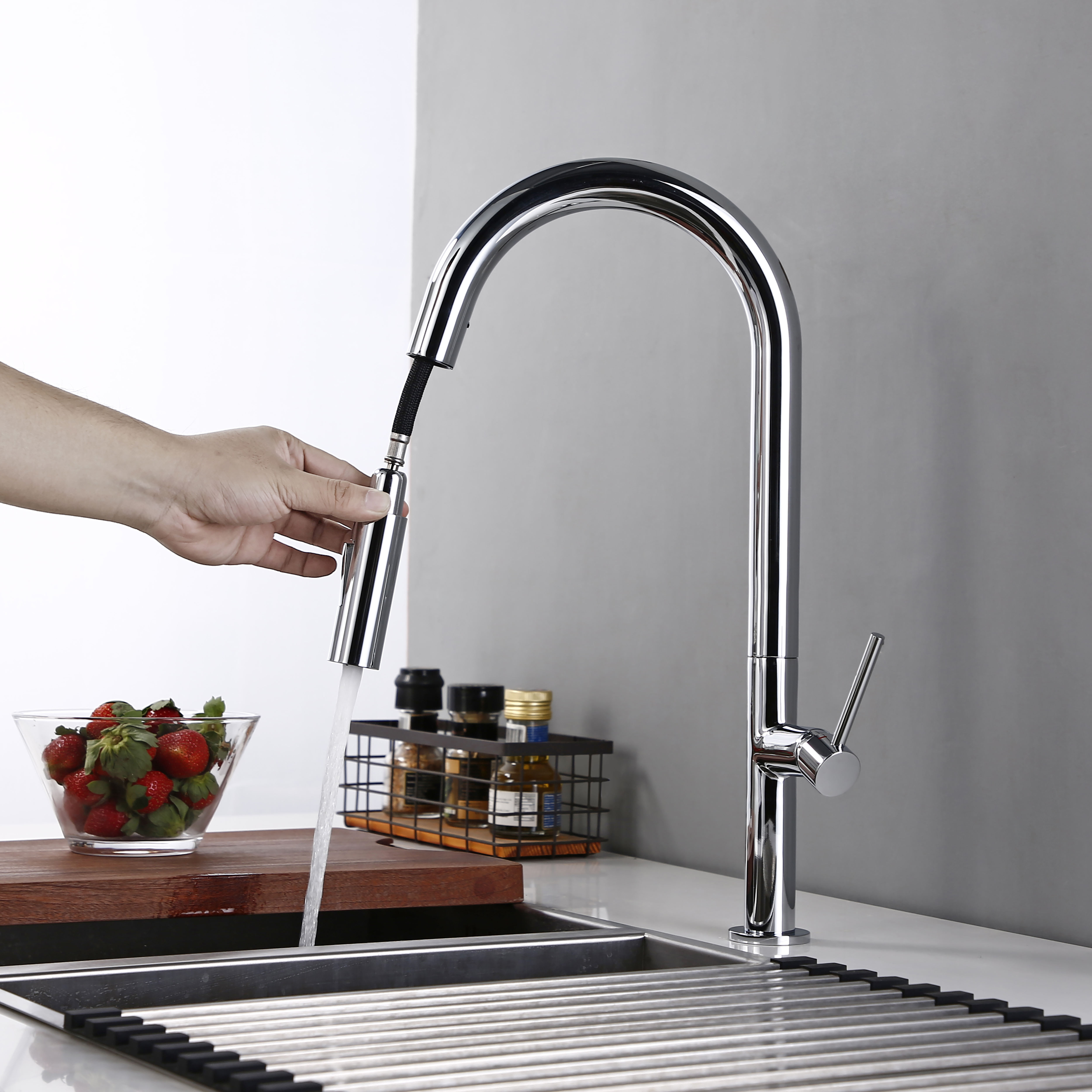 Brushed Nickel Brass Sink Black hose Mount Pull Down Dual Sprayer Nozzle Mixer Water Taps Kitchen Faucet