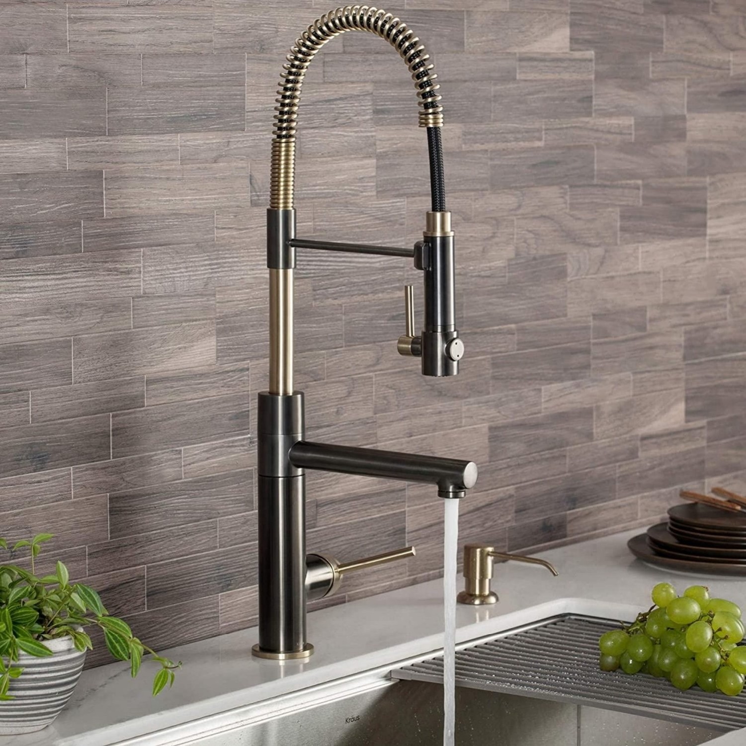 Black Gold Solid Brass 2 Function Commercial Style Pre-Rinse Kitchen Faucet with Pull-Down Spring Spout and Pot Filler