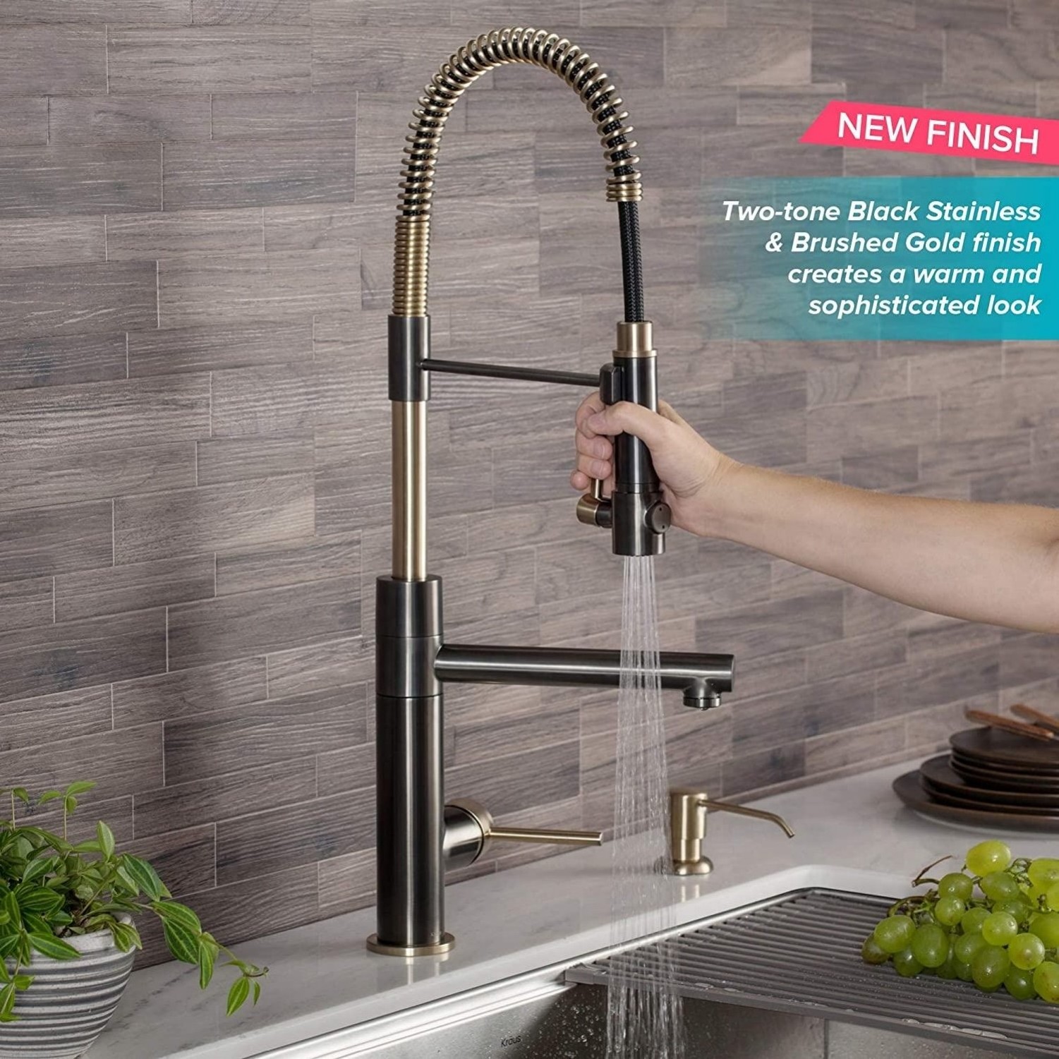 Black Gold Solid Brass 2 Function Commercial Style Pre-Rinse Kitchen Faucet with Pull-Down Spring Spout and Pot Filler