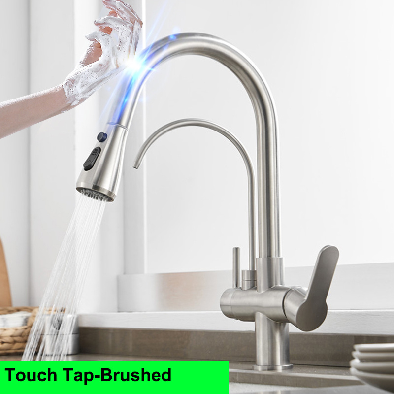 Grey Touch Mixer Tap Solid Brass Hot Cold Kitchen Fixture Pull Out Kitchen Taps Smart Sensor Touch Kitchen Faucet