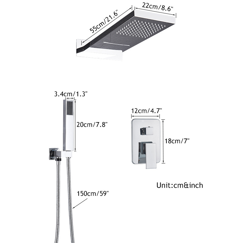 Luxurious Bathroom Shower Faucet Set Rainfall/Waterfall Rectangle Shower Head 3 Ways Embedded Mixer Valve Tap Shower Kit