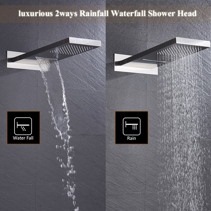 Luxurious Bathroom Shower Faucet Set Rainfall/Waterfall Rectangle Shower Head 3 Ways Embedded Mixer Valve Tap Shower Kit