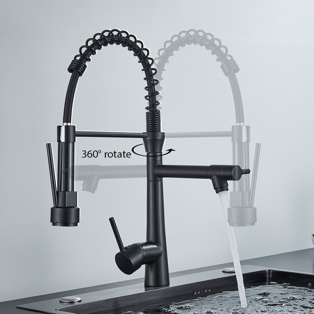 Blacken Spring Kitchen Faucet Pull out Side Sprayer Dual Spout Single Handle Mixer Tap Sink Faucet 360 Rotation Kitchen Faucets