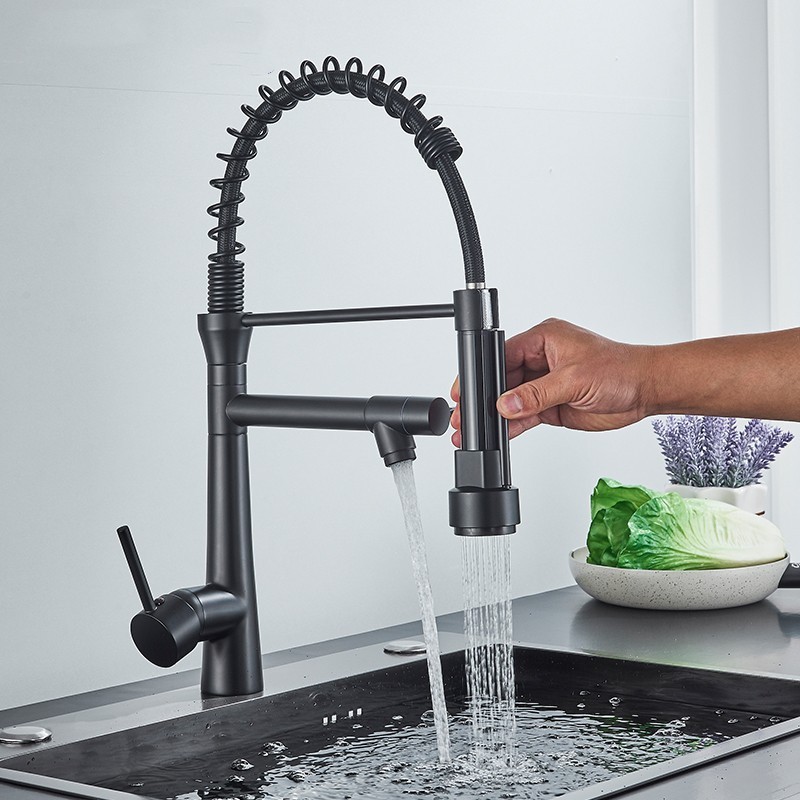 Blacken Spring Kitchen Faucet Pull out Side Sprayer Dual Spout Single Handle Mixer Tap Sink Faucet 360 Rotation Kitchen Faucets