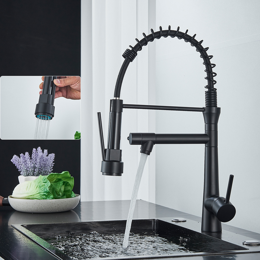 Blacken Spring Kitchen Faucet Pull out Side Sprayer Dual Spout Single Handle Mixer Tap Sink Faucet 360 Rotation Kitchen Faucets