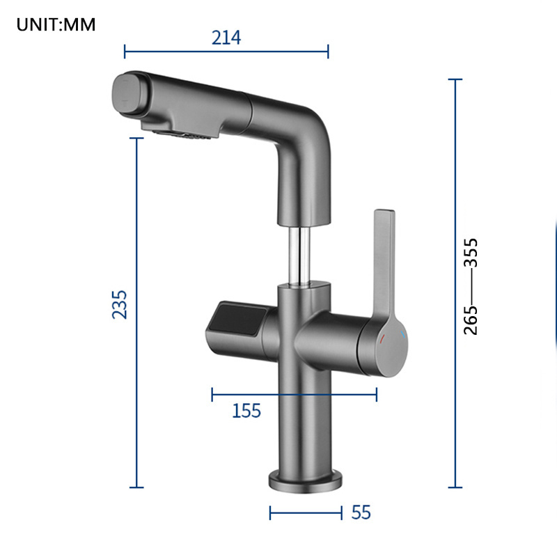 LCD Intelligent Digital Display Basin Faucet Pull Out Basin Tap Hot&cold Bathroom Faucets Grey Brass Contemporary Smart Kitchen