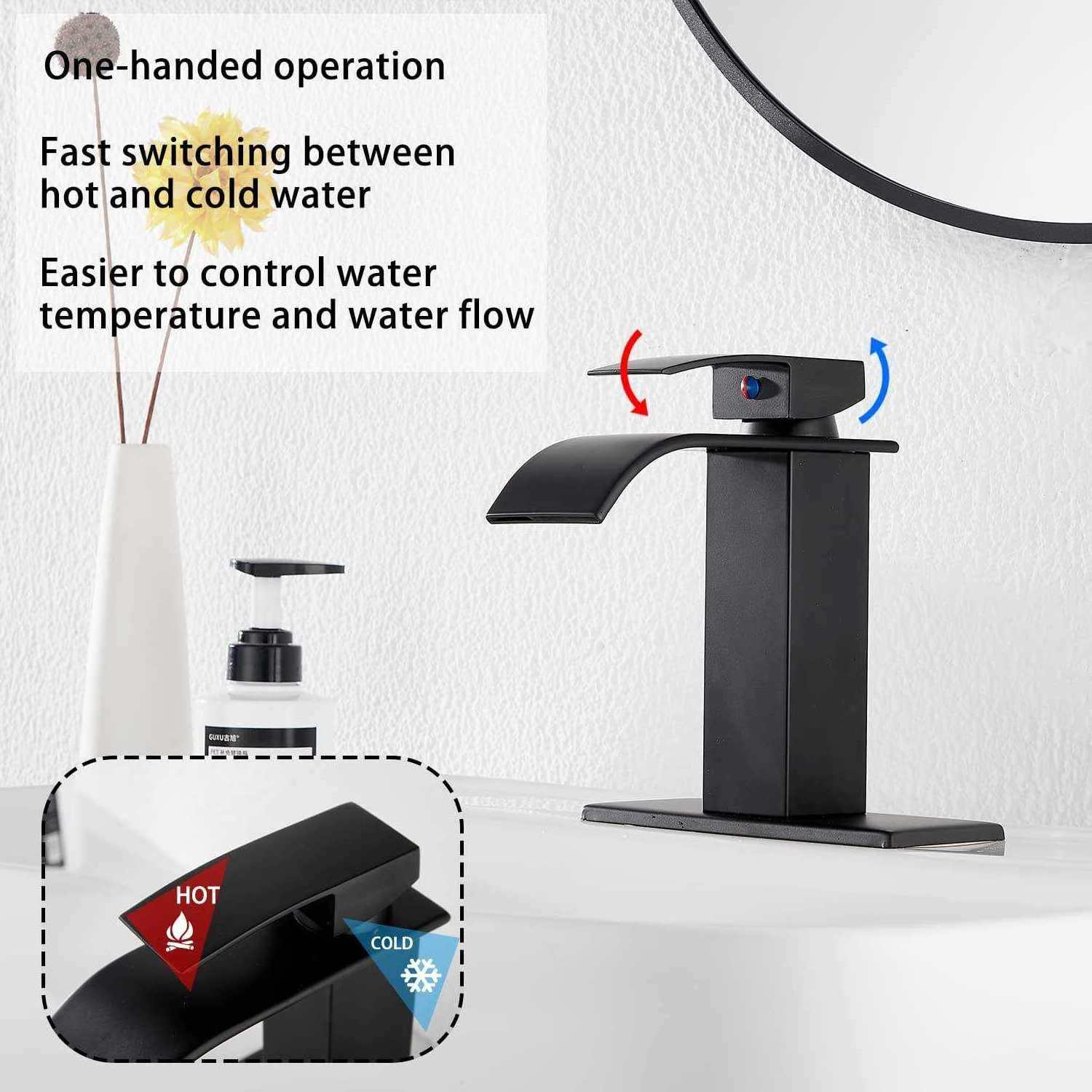 Matte Black Hot And Cold Water Mixer Bathroom Waterfall Basin Faucet Brass